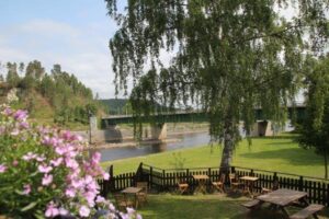 View from the outdoor seating over the Ångermanälven river and the bridge, with flowers in the foreground